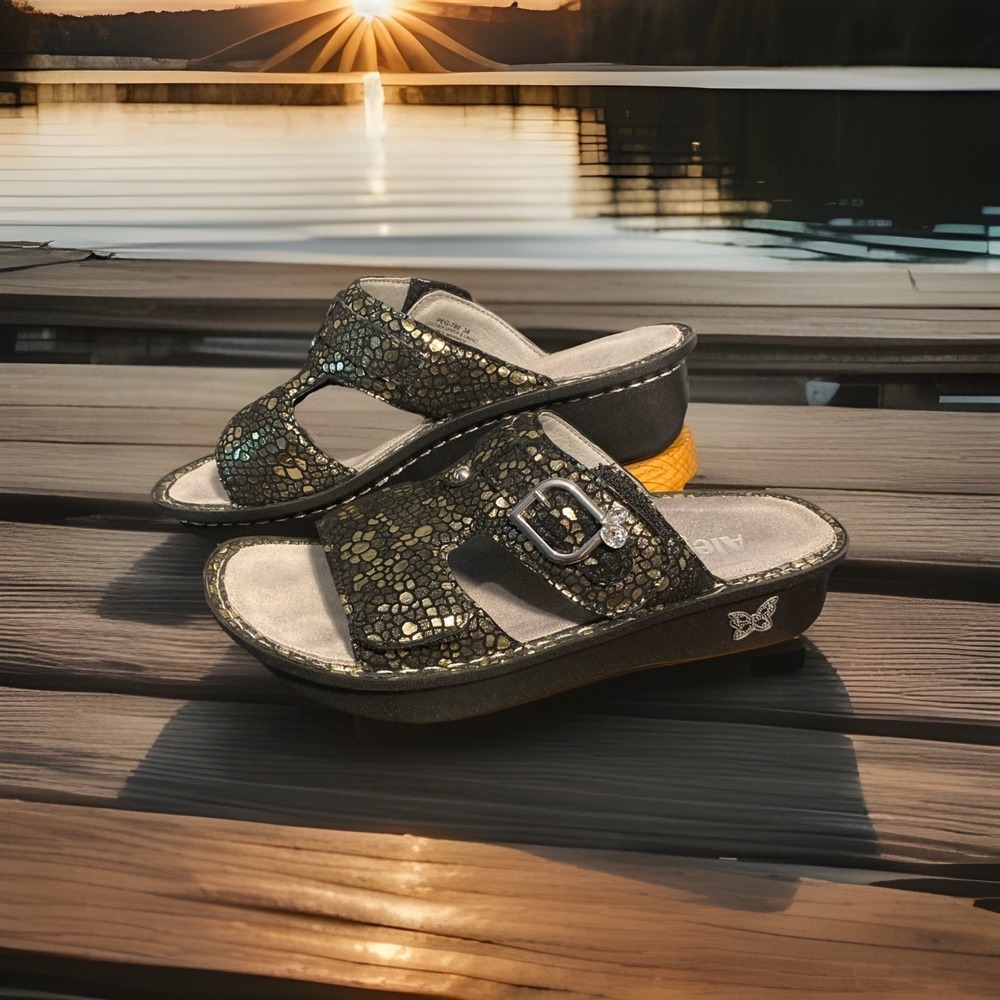 Alegria Peggy Black Pewter Mosaic Leather Comfort Slide Sandals 38 7.5 8 Pg Lite